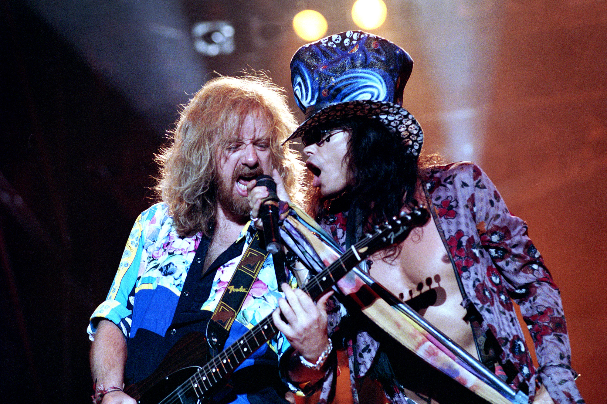 Milan Italy, from 07-08 July 1994, Music Festival  live concerts "Sonoria 1994" at the Aquatica Park : The singer of the Aerosmith Steven Tyler and the guitarist Brad Whitford during the concert