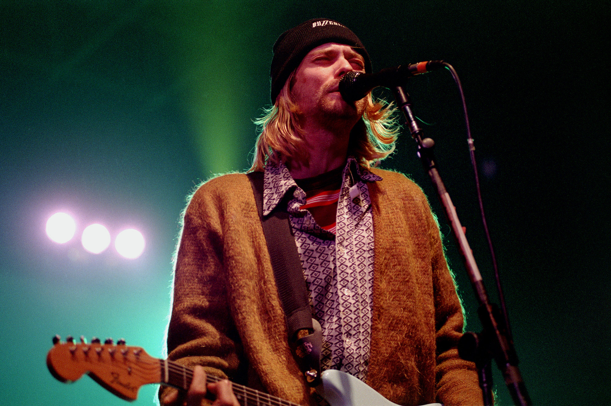 Milan Italy, 25 February 1994,  live concert of Nirvana at the Palatrussardi : The singer and guitarist of Nirvana, Kurt Cobain, during the concert